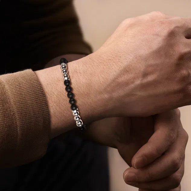 Men's Sterling Silver Matte Onyx Beaded Station Bracelet
