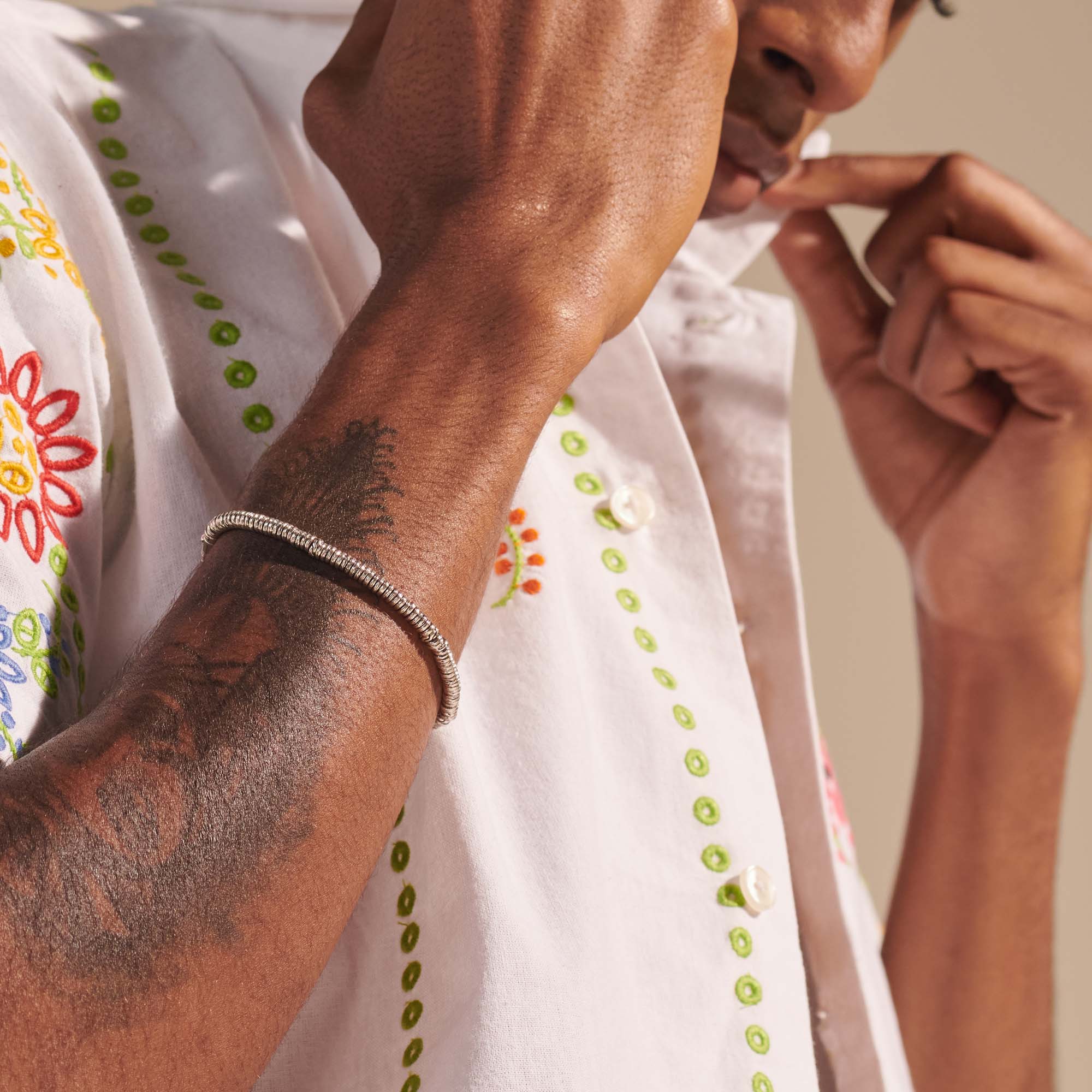 Model wearing the John Hardy sterling silver Heishi bracelet