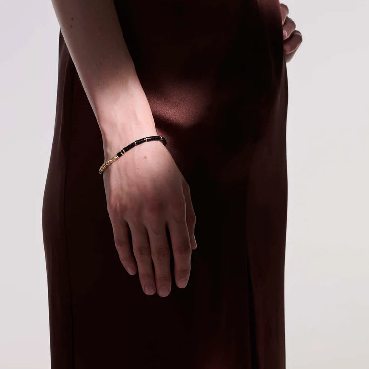 Yellow Gold and Treated Black Onyx Beaded Heishi Bracelet