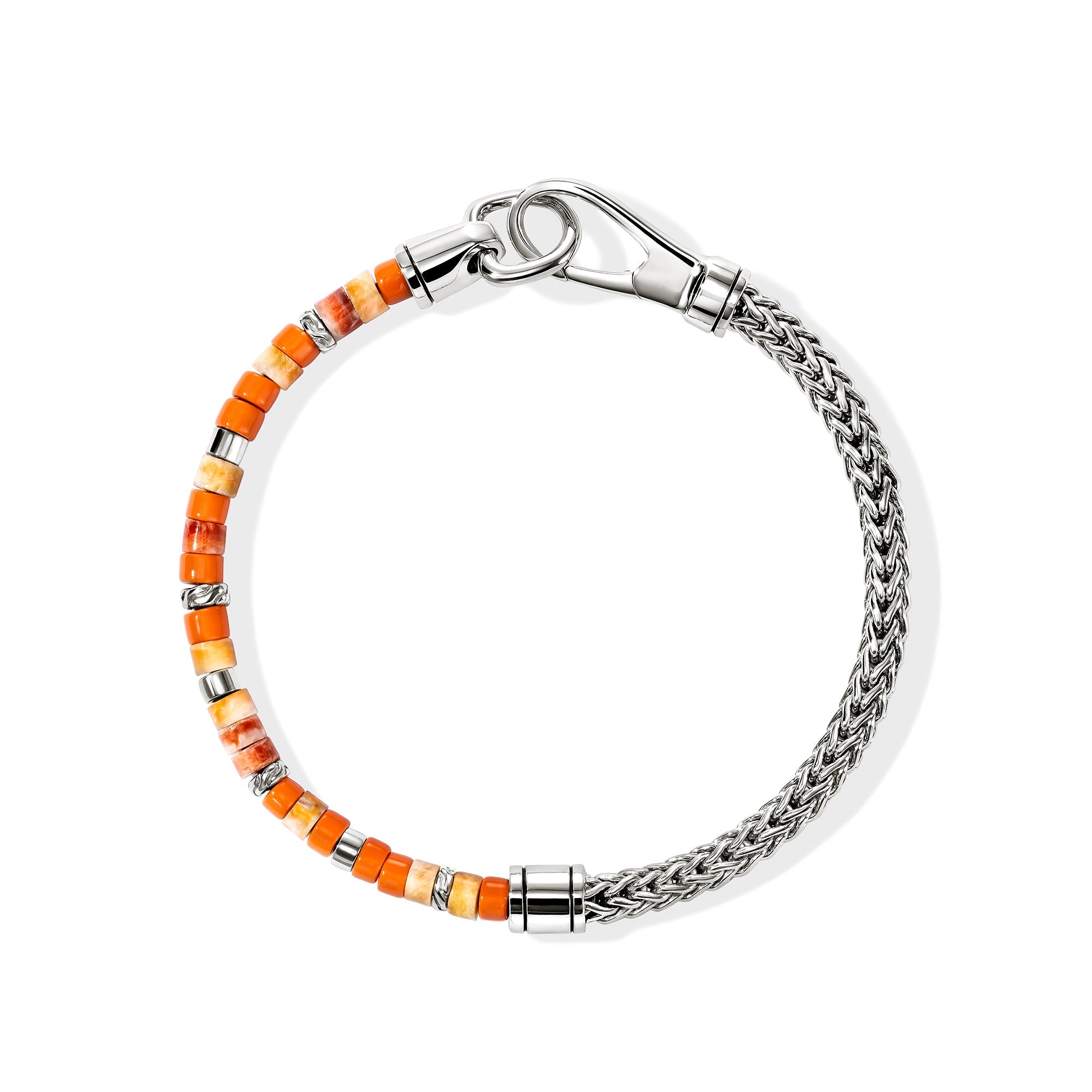 Overhead view of the John Hardy Heishi spiny oyster shell chain bracelet