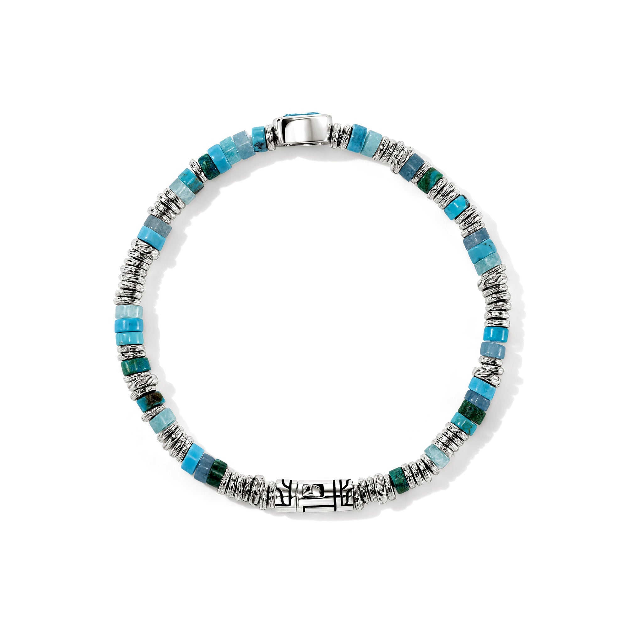 Overhead view of the John Hardy Heishi Swiss blue topaz bracelet