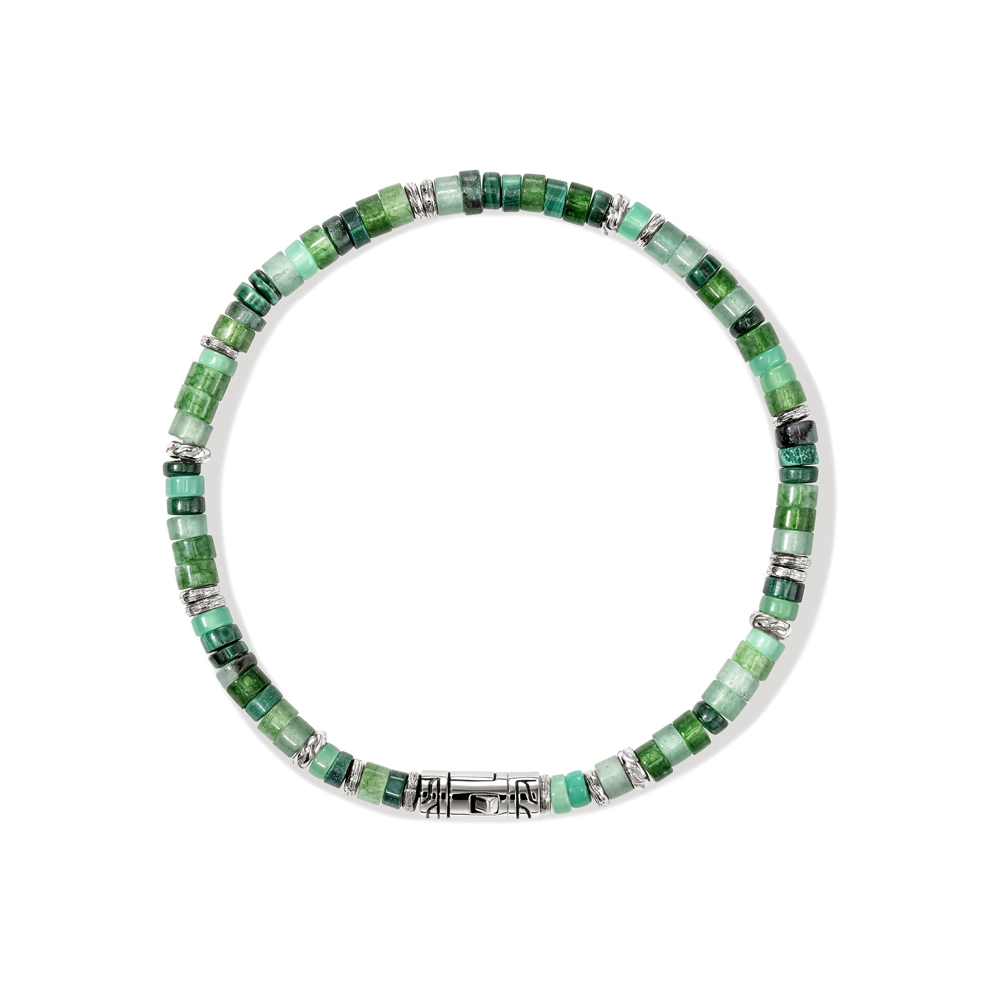 Overhead view of the John Hardy Heishi emerald and hardstone bracelet