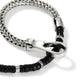 Close-up of black onyx beads and sterling silver Heishi chain