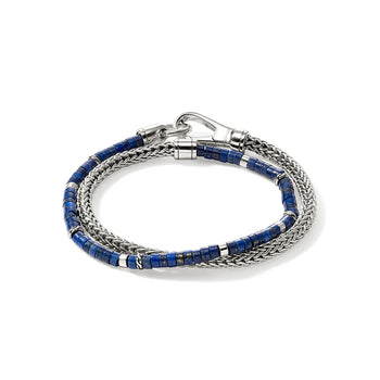 Men's Sterling Silver Heishi Chain and Lapis Lazuli Wrap Bracelet