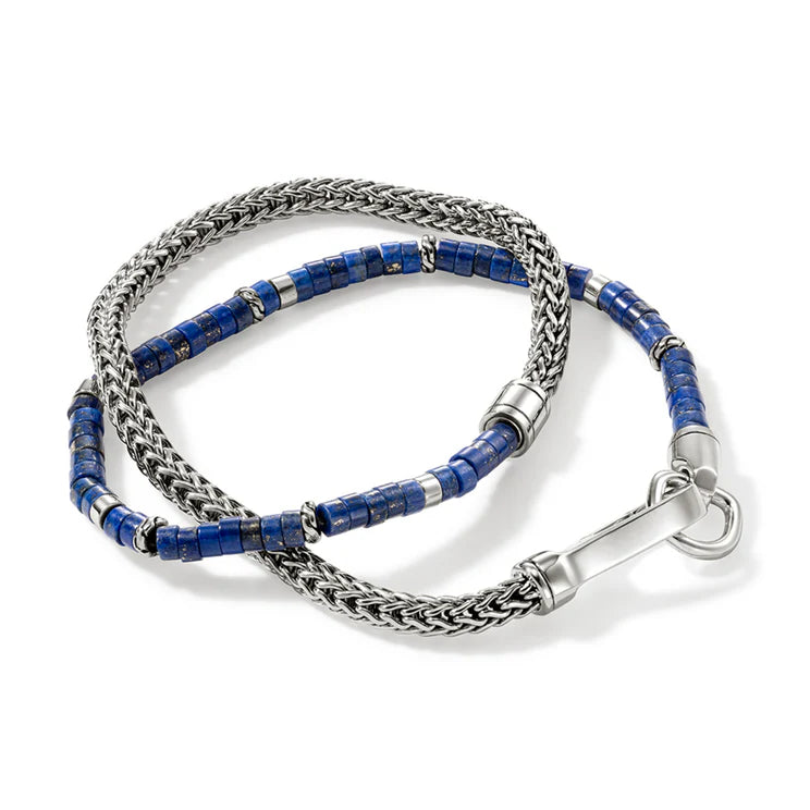 Men's Sterling Silver Heishi Chain and Lapis Lazuli Wrap Bracelet