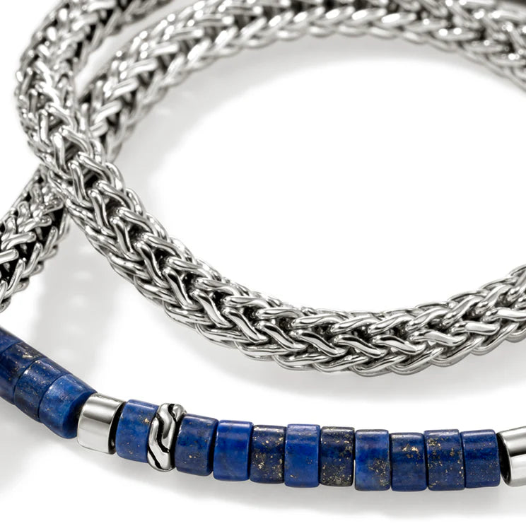 Men's Sterling Silver Heishi Chain and Lapis Lazuli Wrap Bracelet