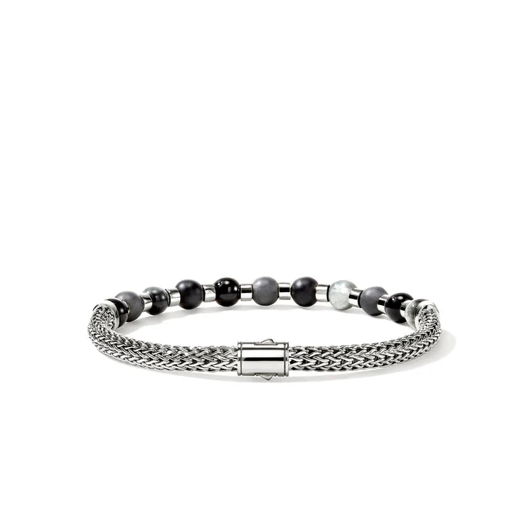 Men's Sterling Silver Black Beaded Chain Bracelet