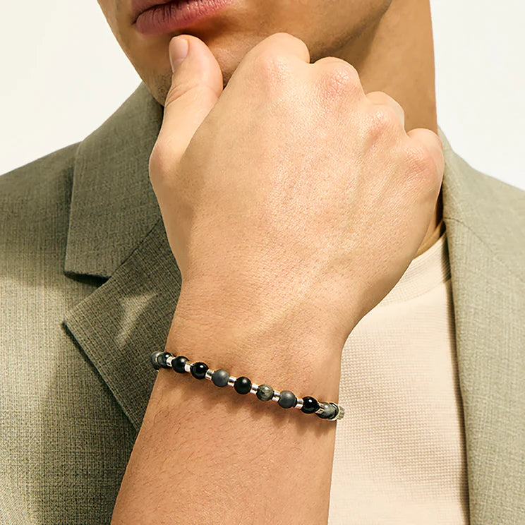 Men's Sterling Silver Black Beaded Chain Bracelet