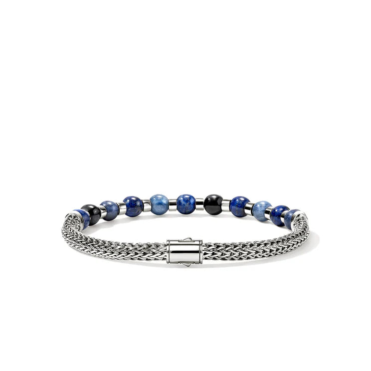 Men's Sterling Silver Blue Beaded Chain Bracelet