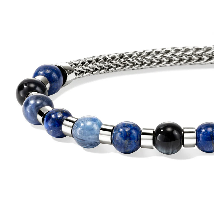 Men's Sterling Silver Blue Beaded Chain Bracelet