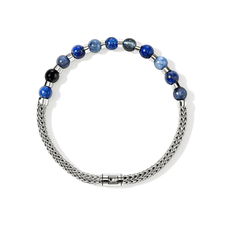 Men's Sterling Silver Blue Beaded Chain Bracelet
