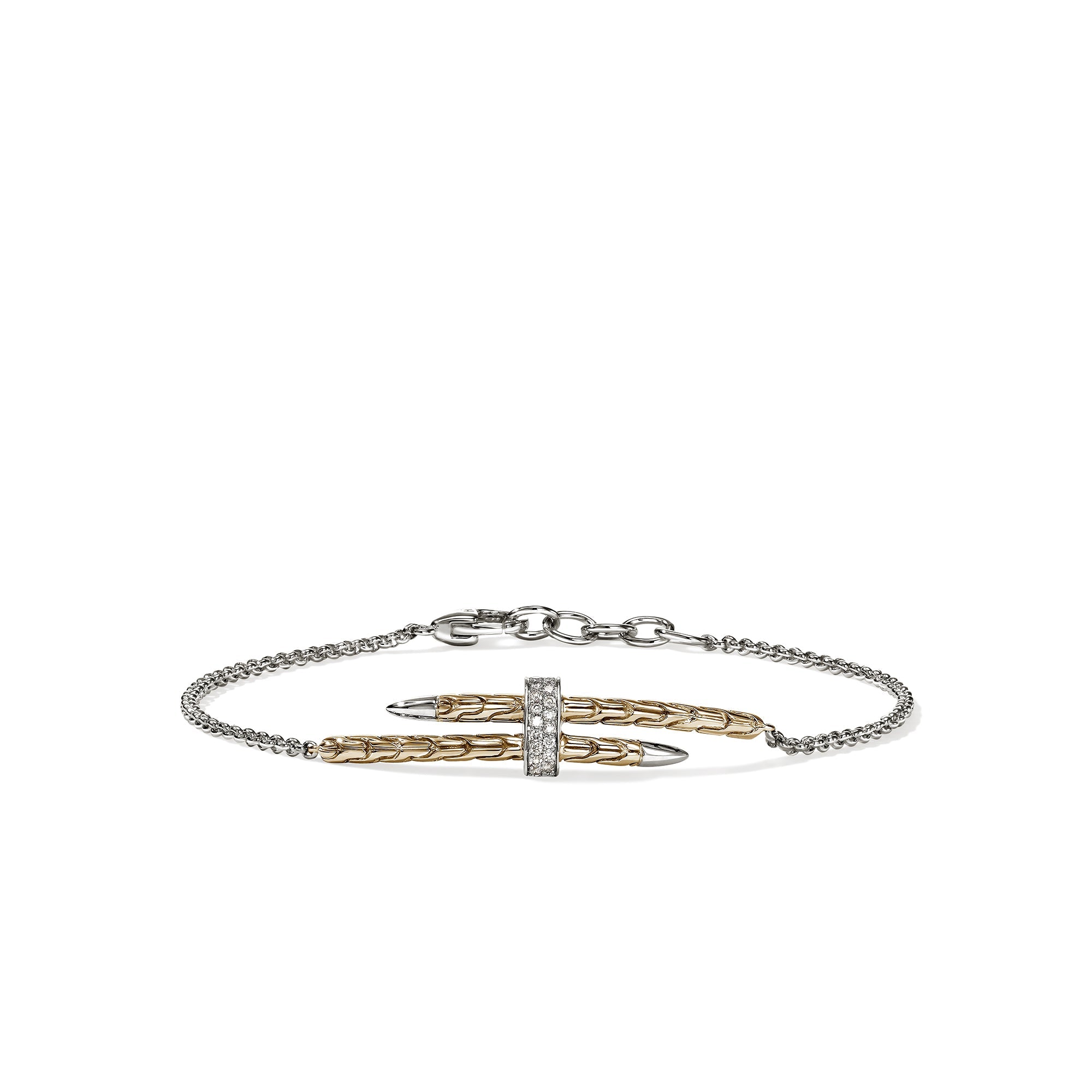John Hardy Yellow Gold and Sterling Silver Spear Station Bracelet with Pave Diamonds