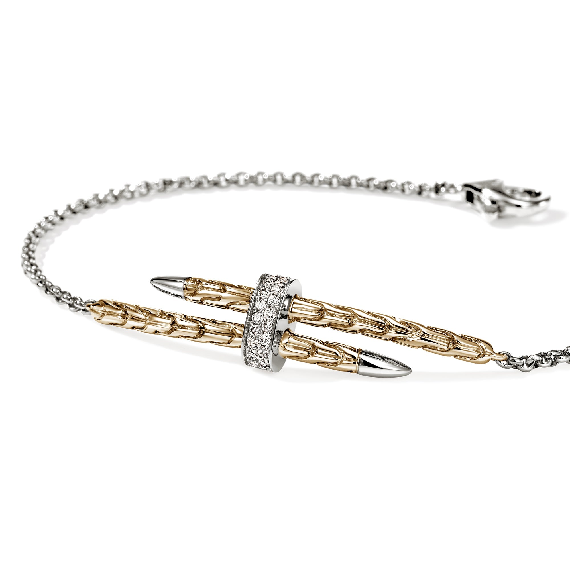John Hardy Yellow Gold and Sterling Silver Spear Station Bracelet with Pave Diamonds