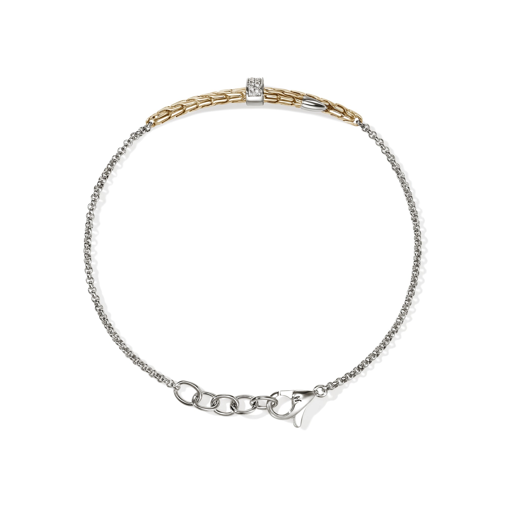 John Hardy Yellow Gold and Sterling Silver Spear Station Bracelet with Pave Diamonds