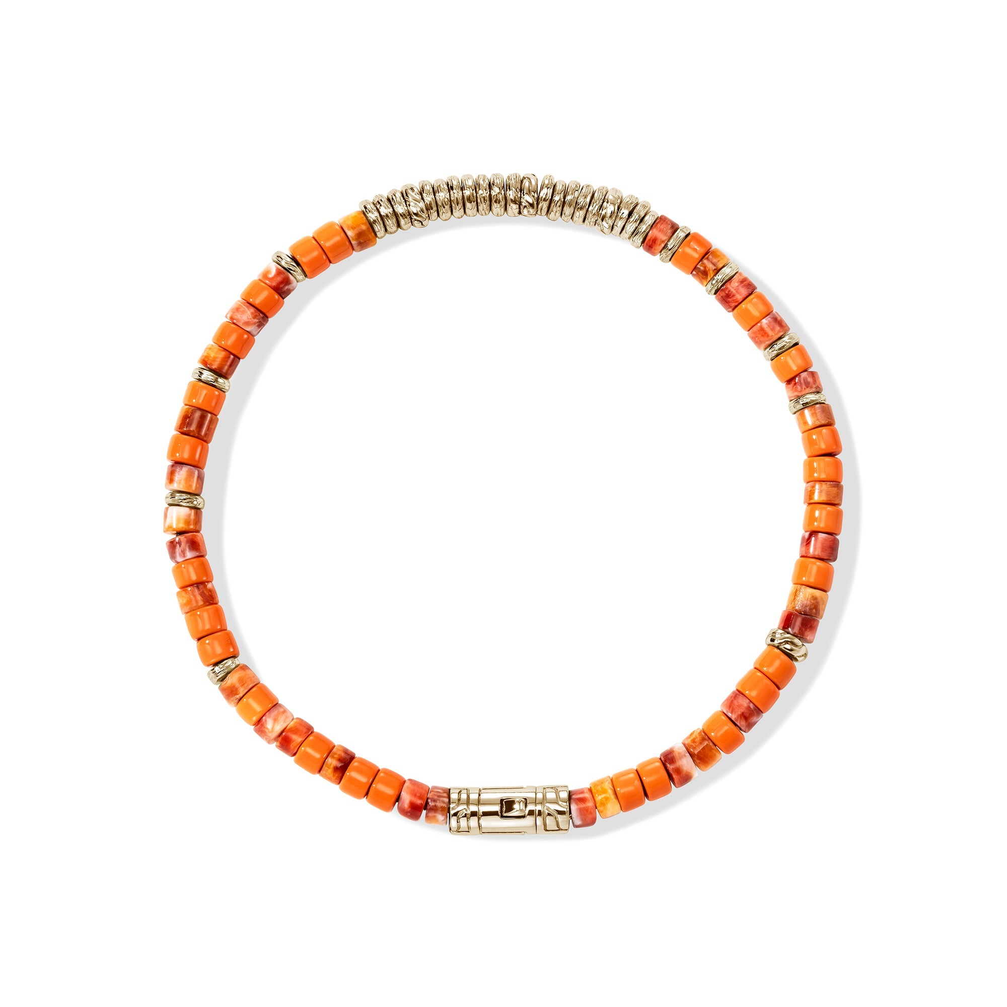 Overhead view of the John Hardy Heishi spiny oyster shell bracelet