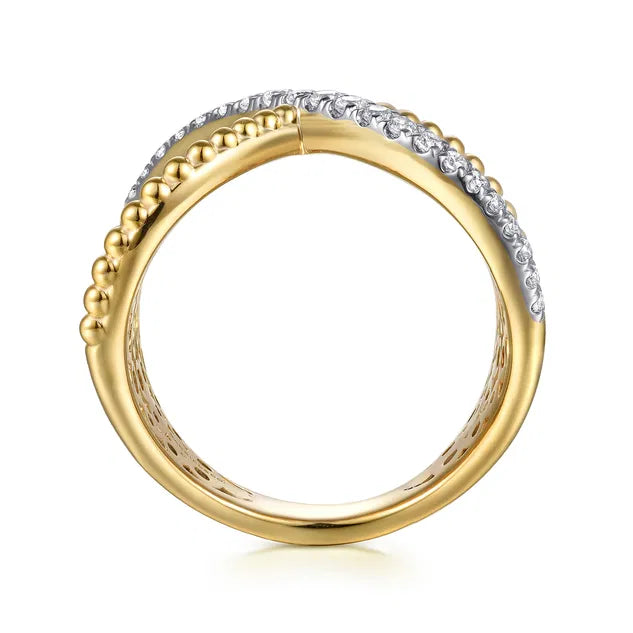 Yellow Gold Bujukan and Diamond Wide Band X Ring
