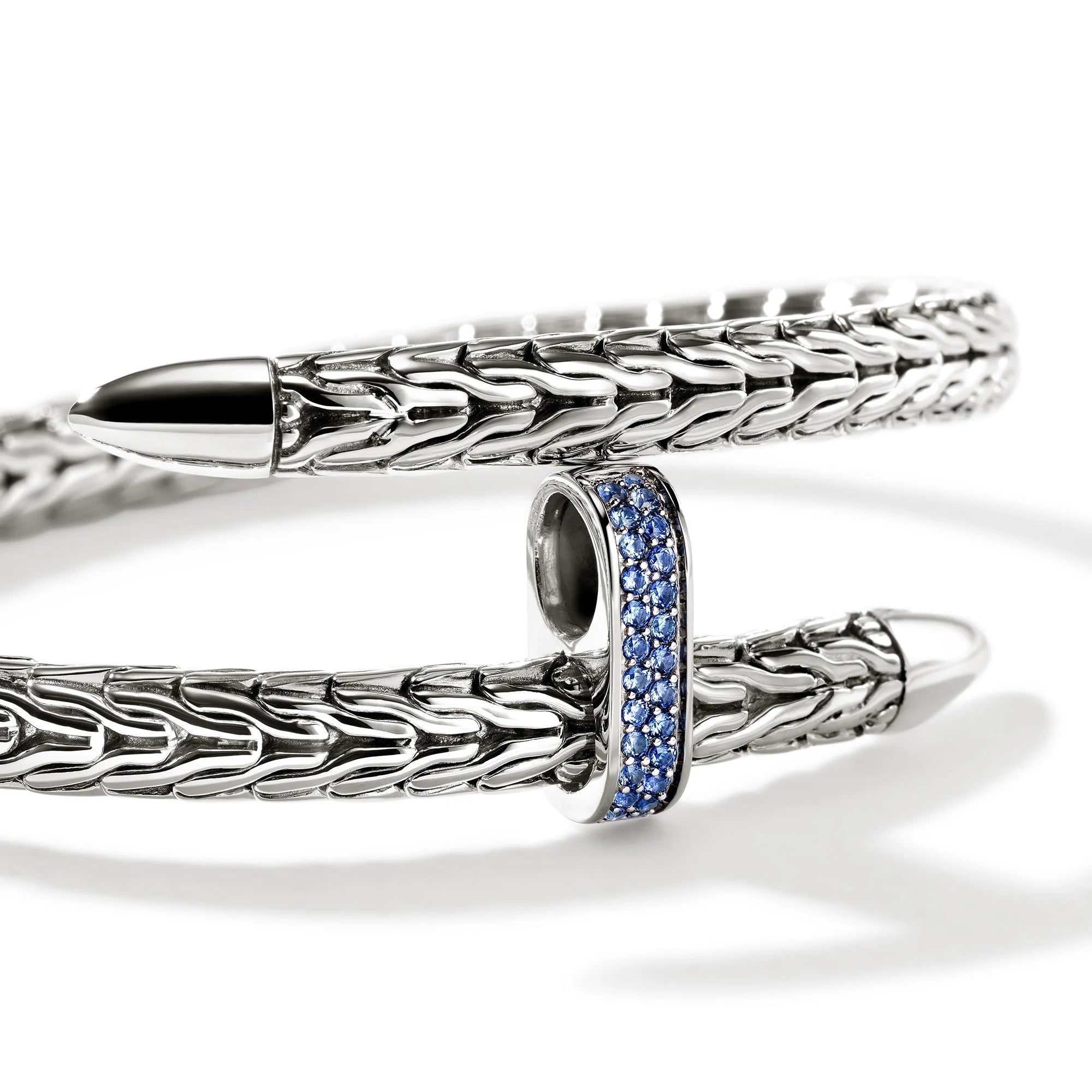 Sterling Silver Chain Motif and Blue Sapphire Spear Bypass Cuff