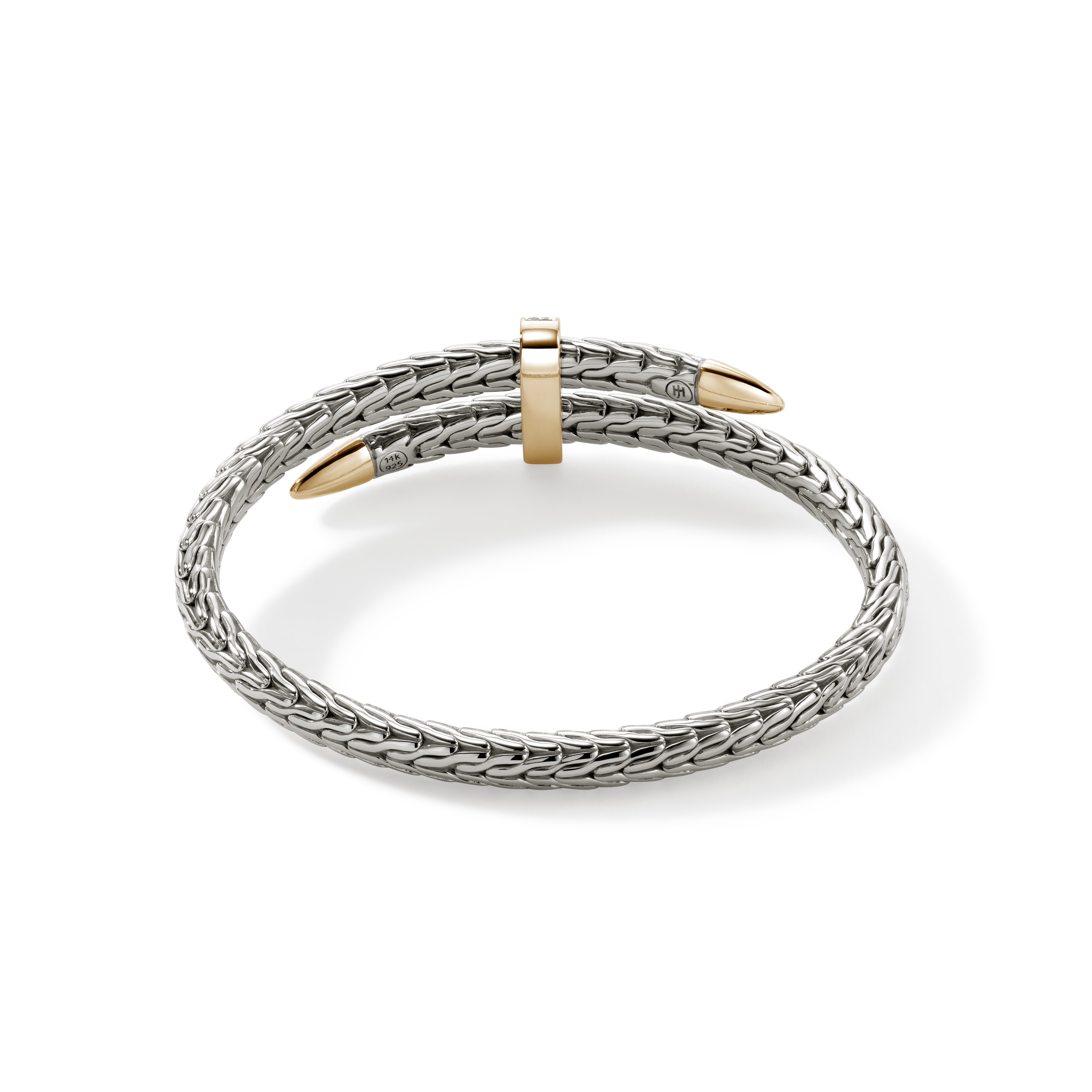 John Hardy Yellow Gold and Sterling Silver Spear Flex Cuff Bracelet with Pave Diamonds, Small