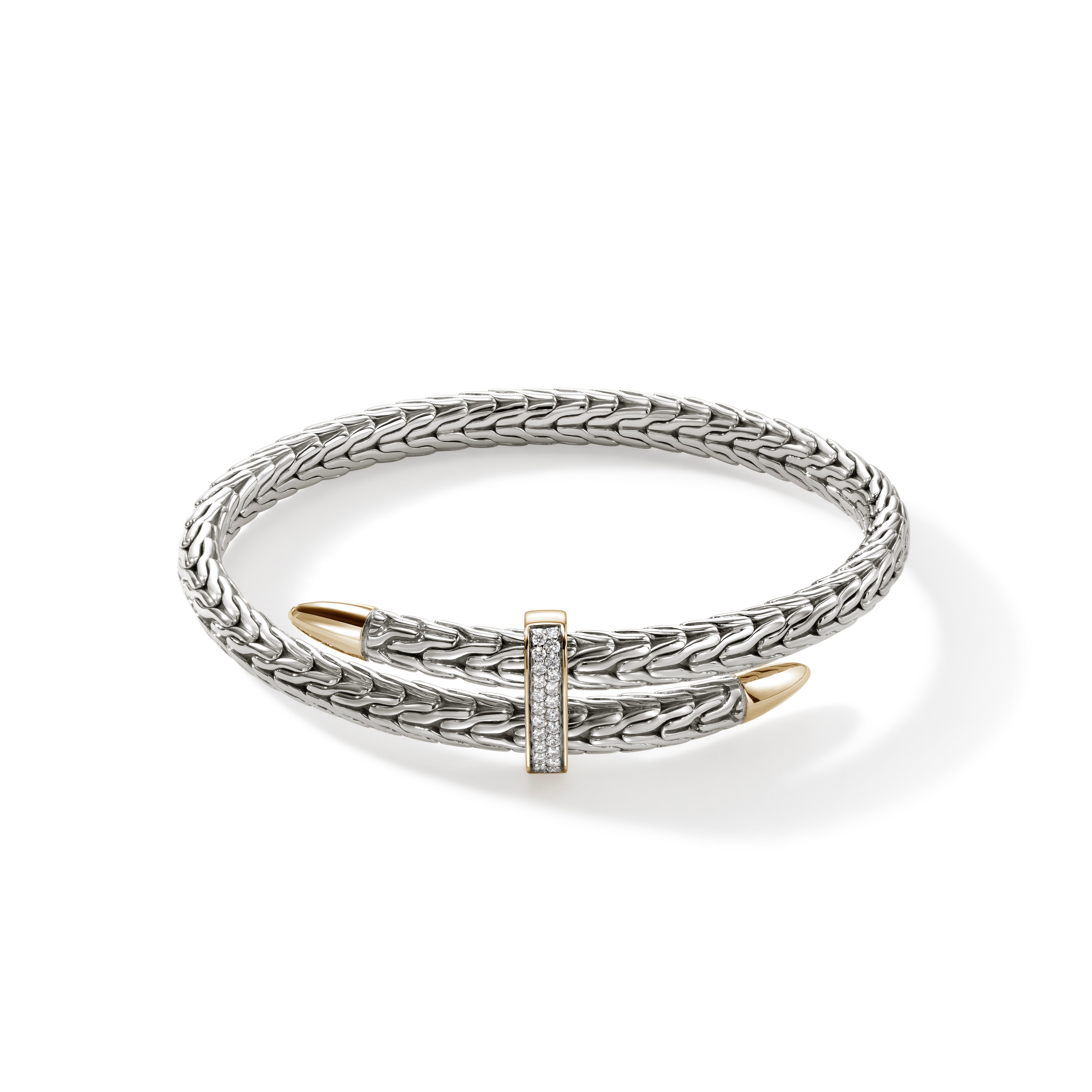 John Hardy Yellow Gold and Sterling Silver Spear Flex Cuff Bracelet with Pave Diamonds, Small