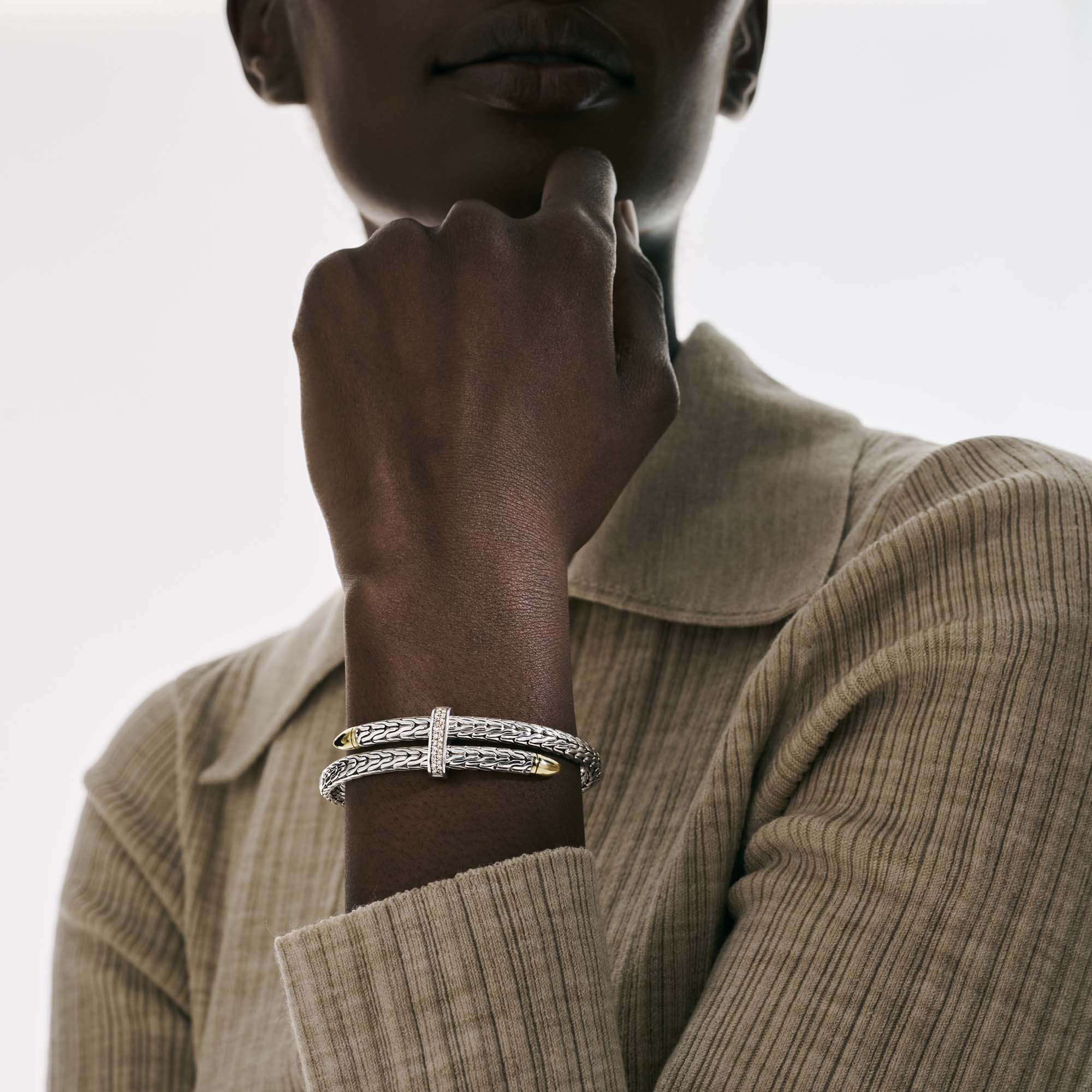 John Hardy Yellow Gold and Sterling Silver Spear Flex Cuff Bracelet with Pave Diamonds, Small