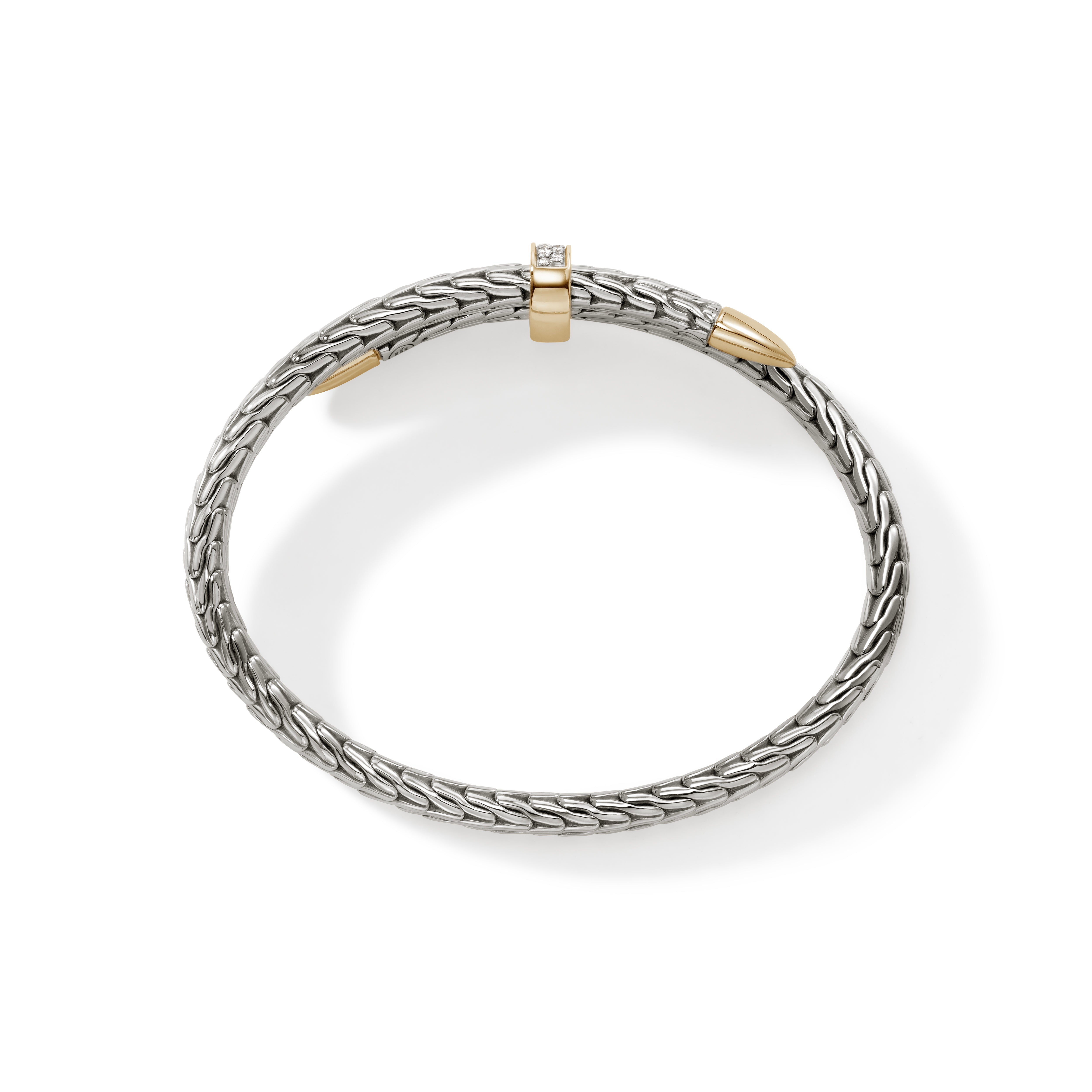 John Hardy Yellow Gold and Sterling Silver Spear Flex Cuff Bracelet with Pave Diamonds, Small
