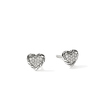 Sterling Silver Heart Stud Earrings with Diamonds