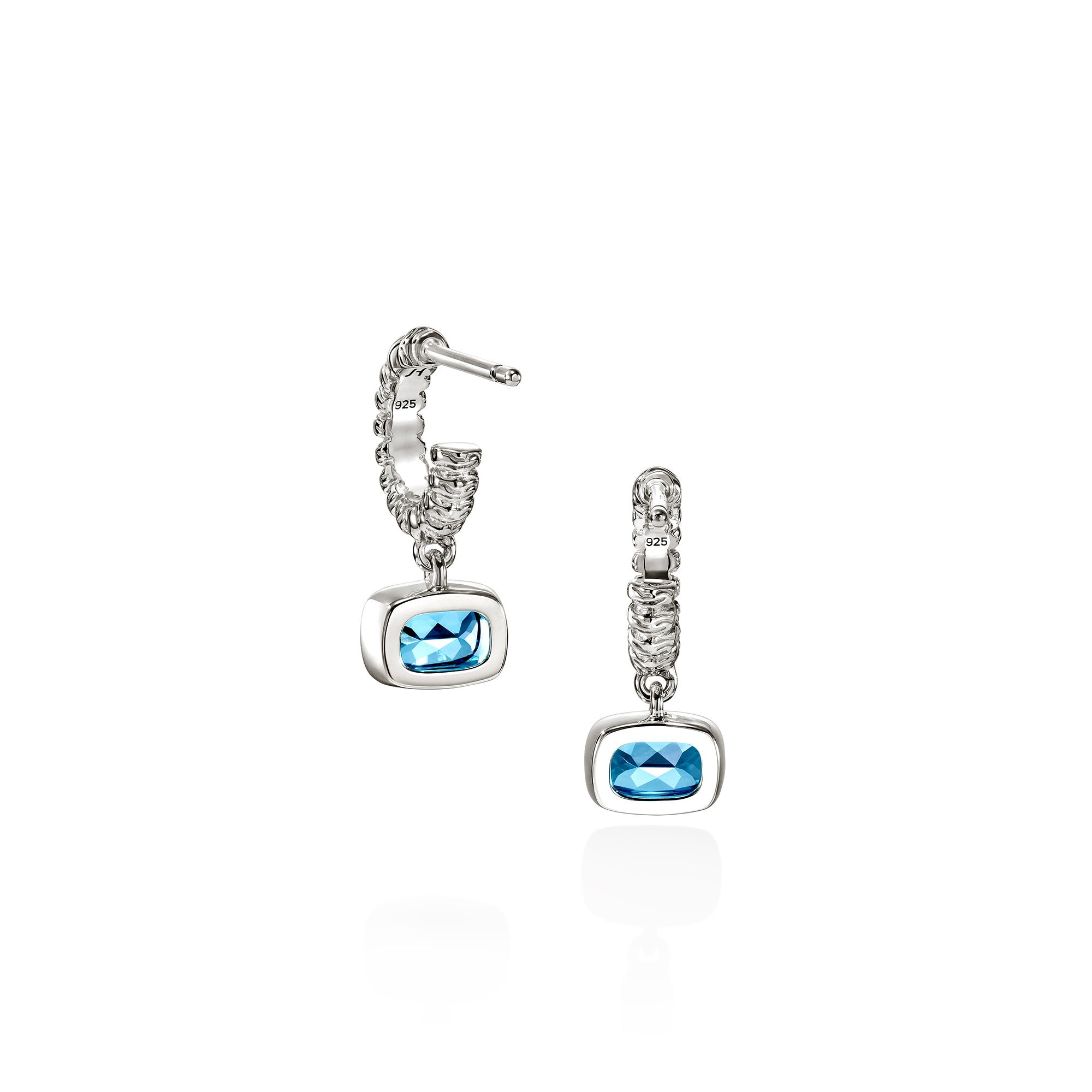 Back view of the John Hardy Heishi Swiss blue topaz drop earrings