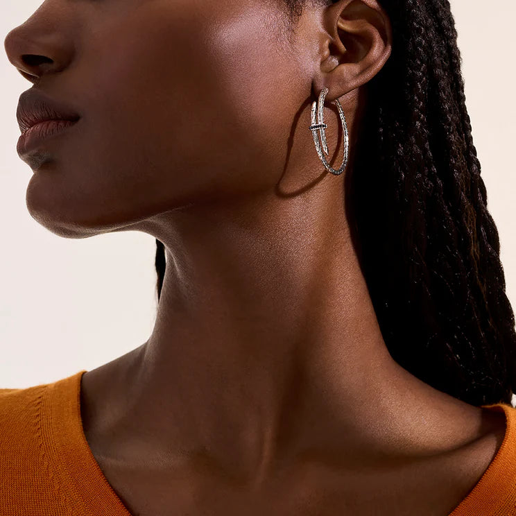 Sterling Silver Black Sapphire Spear Hoop Earrings