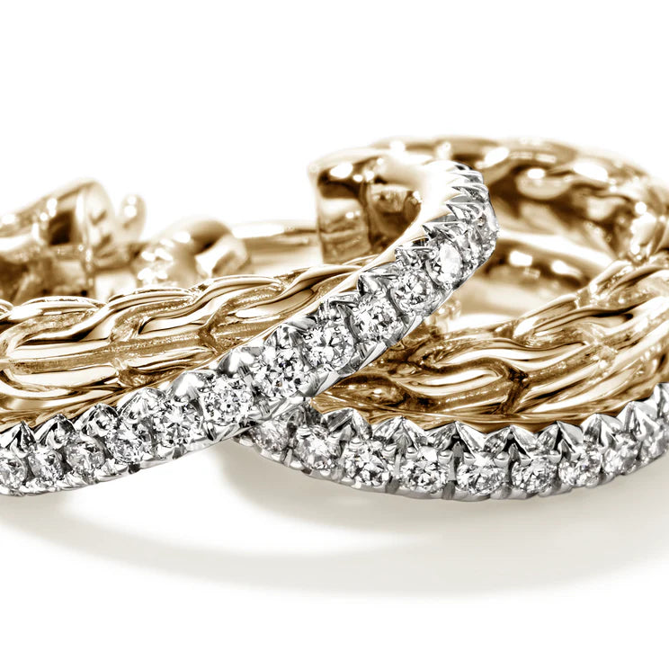 Yellow Gold and Pave Diamond 15MM Crossover Hoop Earrings
