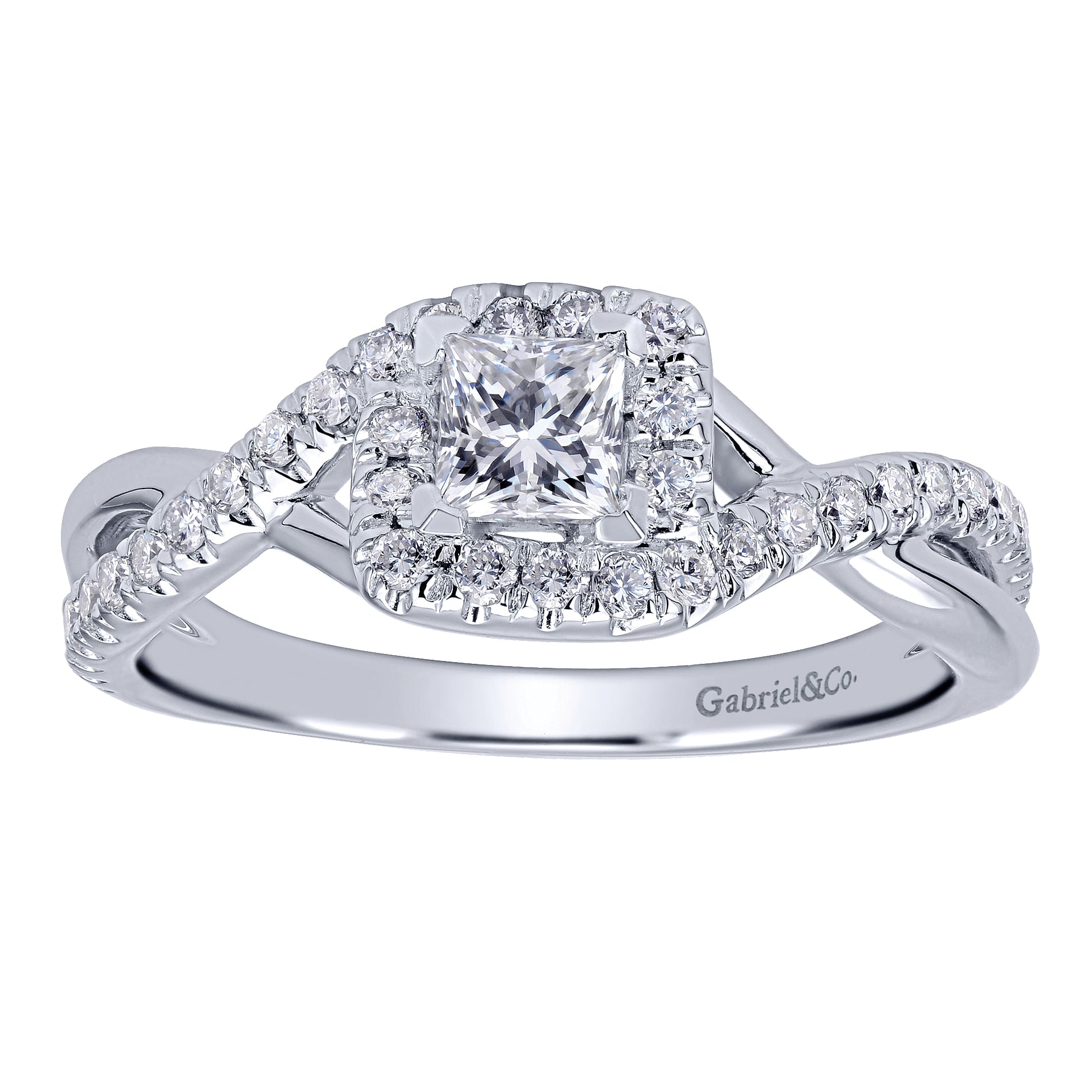 White Gold Princess Halo Twisted Diamond Engagement Ring