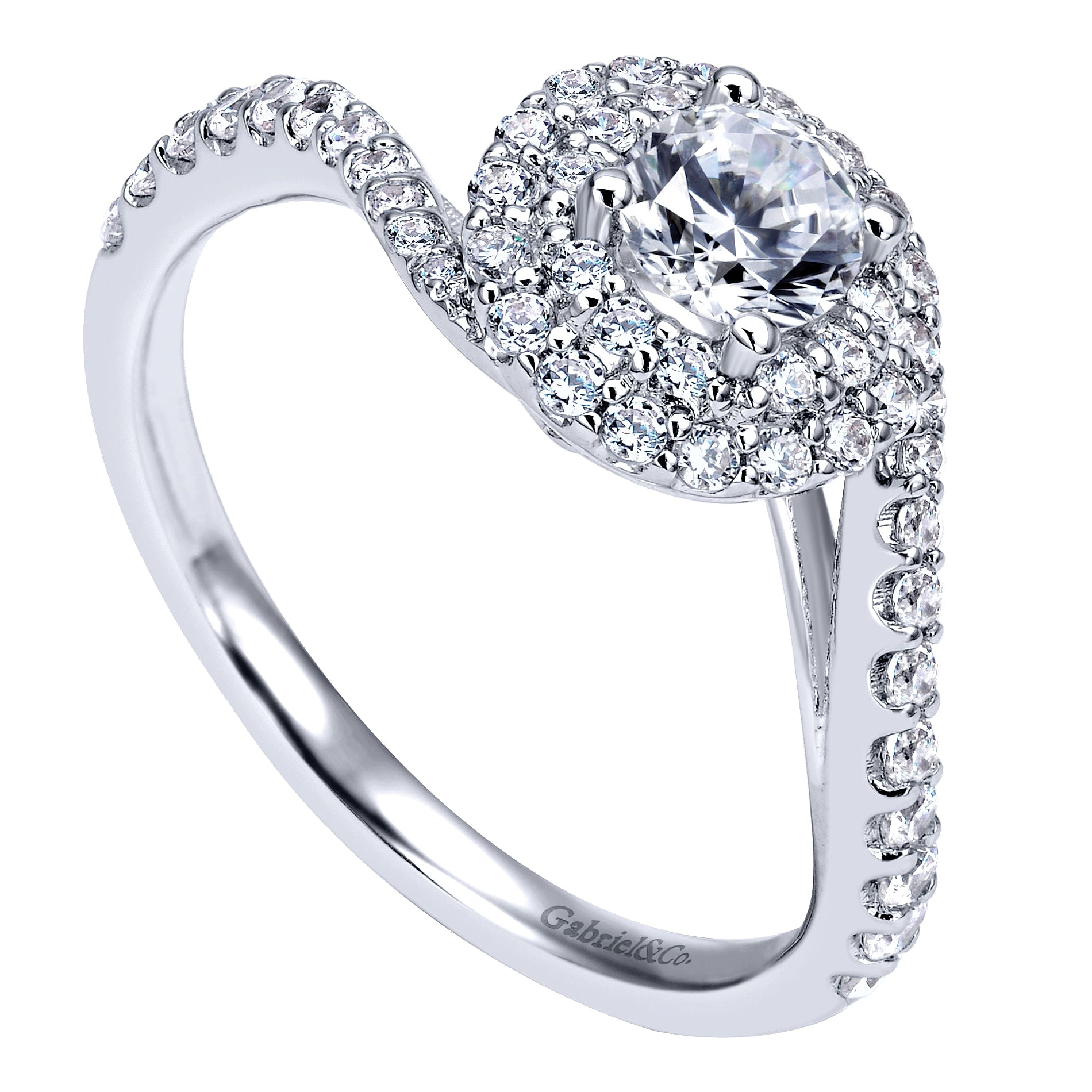 White Gold Round Double Halo Curved Diamond Engagement Ring