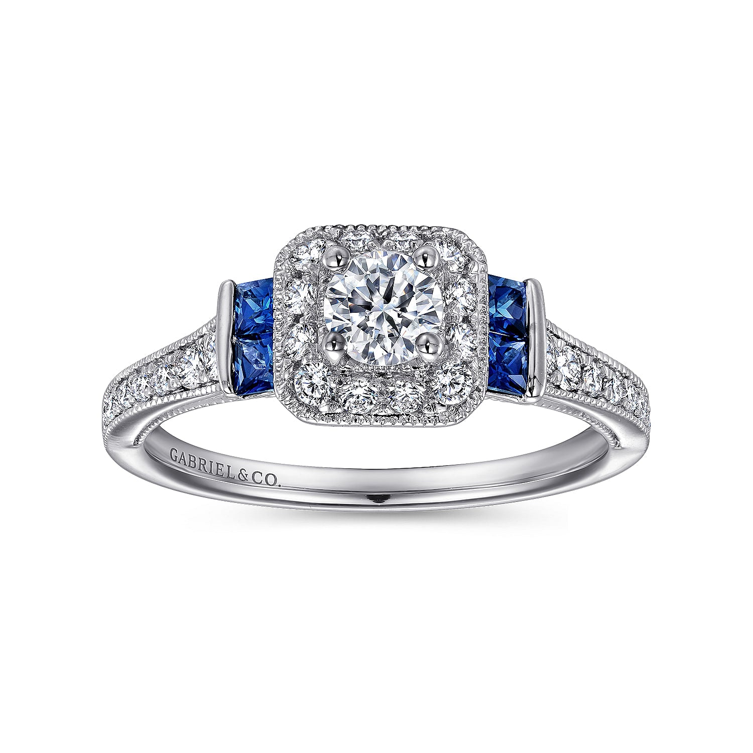 White Gold Sapphire and Diamond Princess Halo Complete Engagement Ring