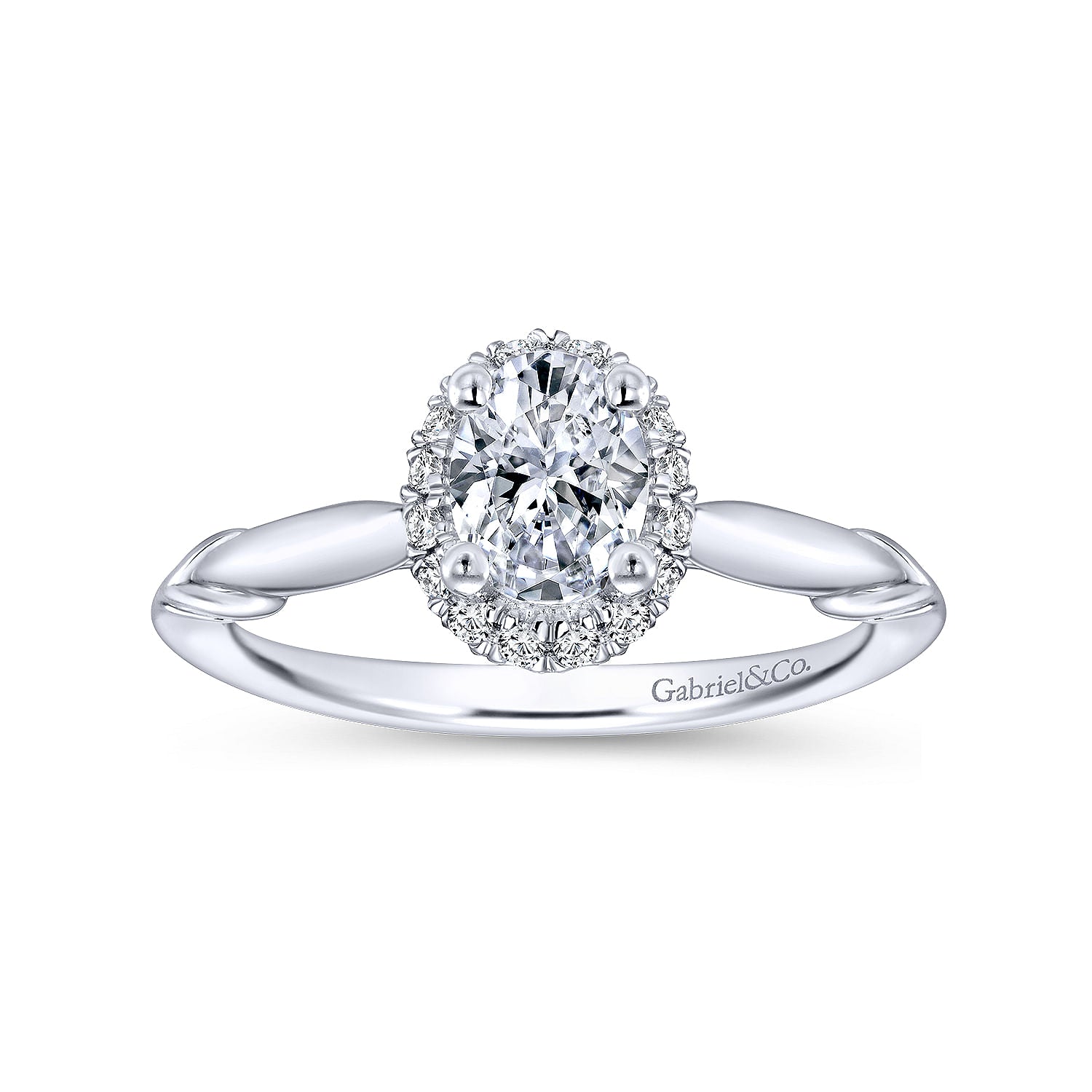 White Gold Oval Halo Engagement Ring with Scrolling Details