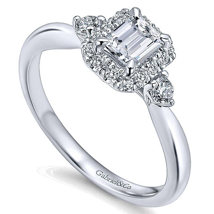 White Gold Emerald Cut Diamond Halo Engagement Ring