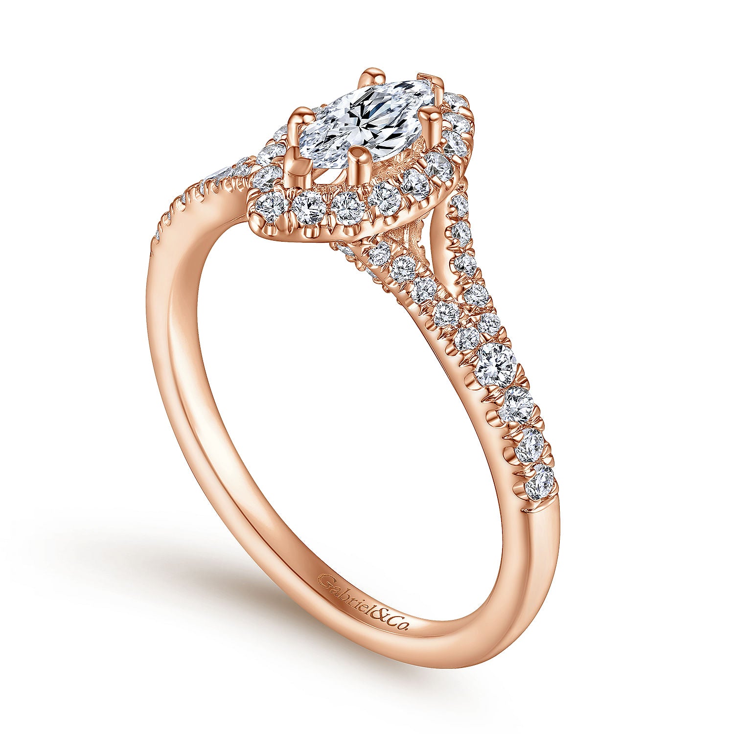 Rose Gold Marquise Halo Split Shank Diamond Engagement Ring