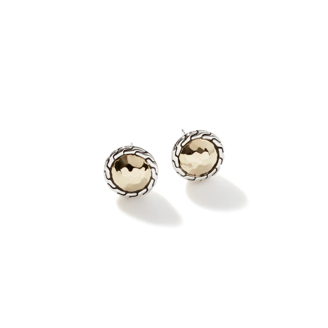 Sterling Silver Chain and Hammered Yellow Gold Round Stud Earrings