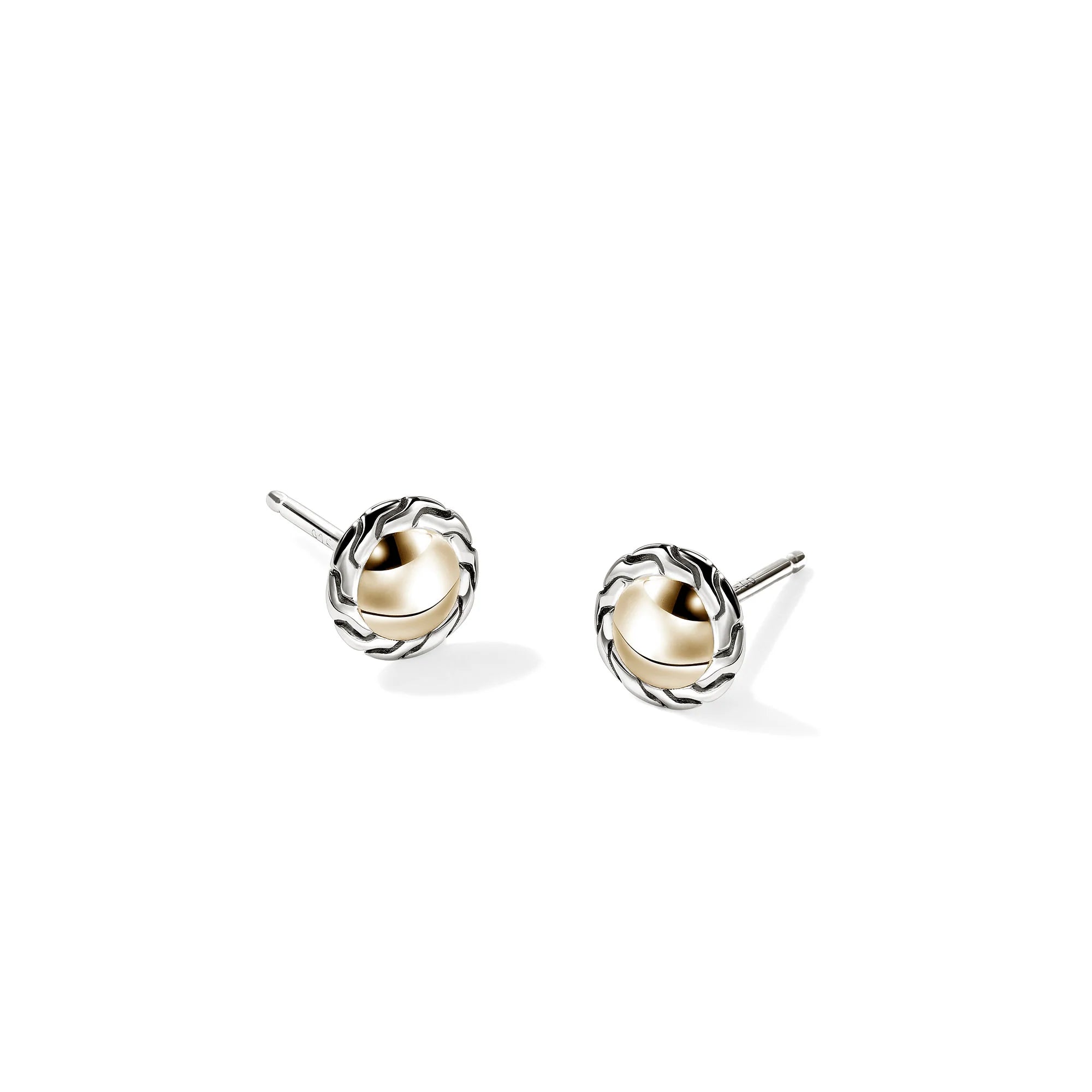 Yellow Gold and Sterling Silver Chain Motif Stud Earrings