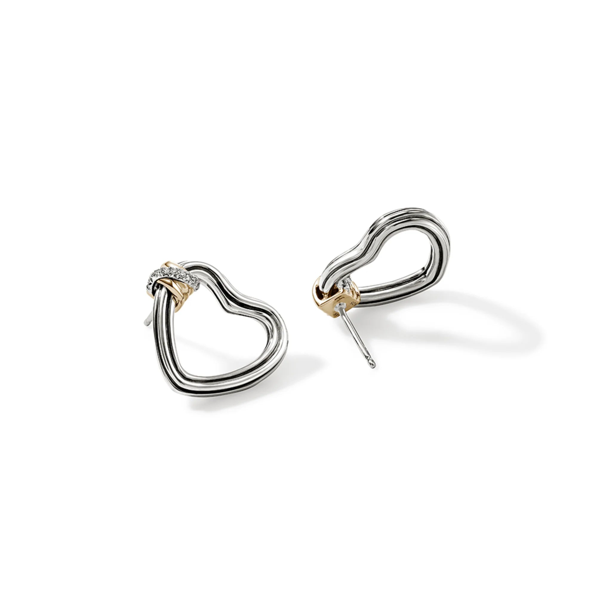 Sterling Silver and Yellow Gold Bamboo Pave Diamond Heart Earrings