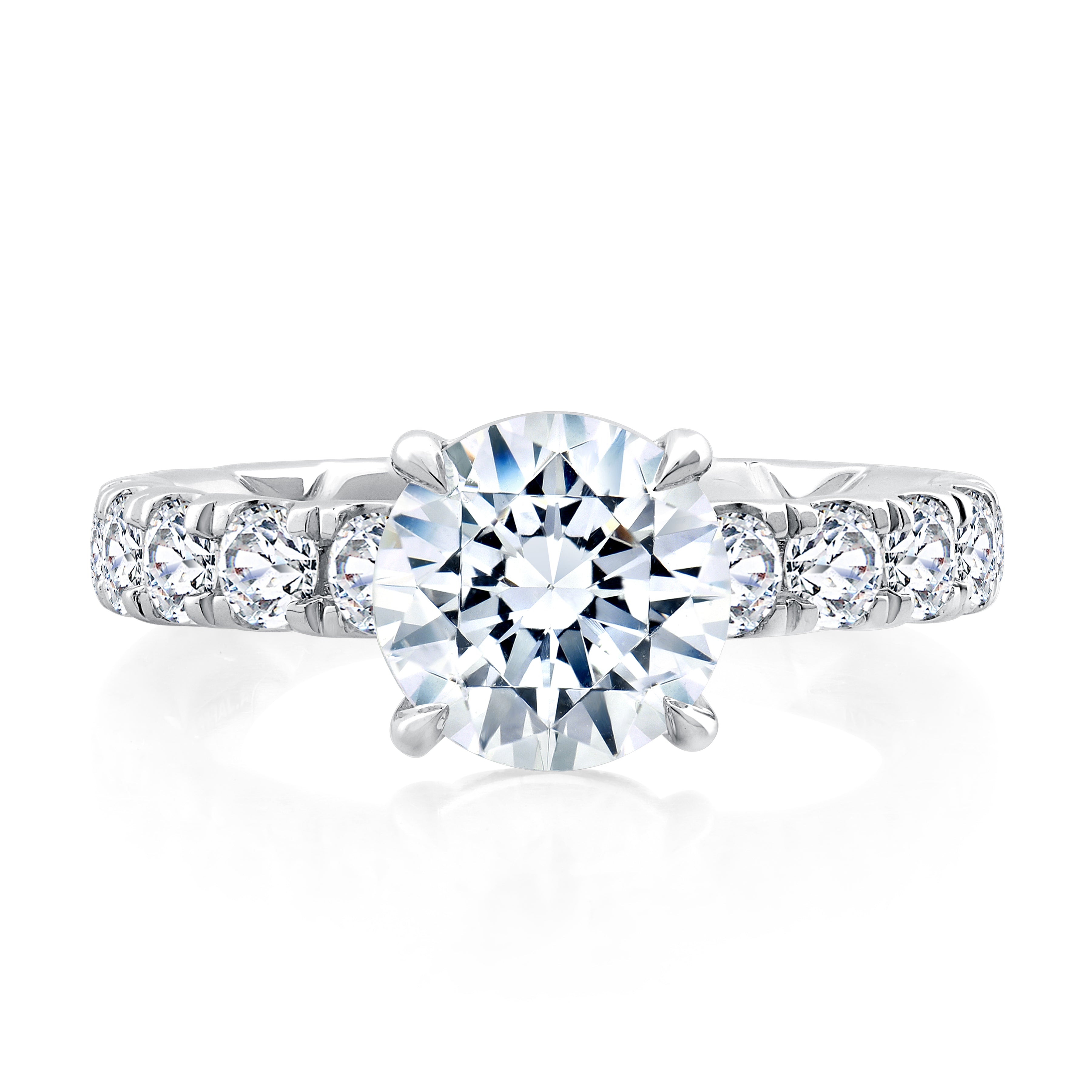 Top view of a 14K white gold engagement ring setting with a round center diamond