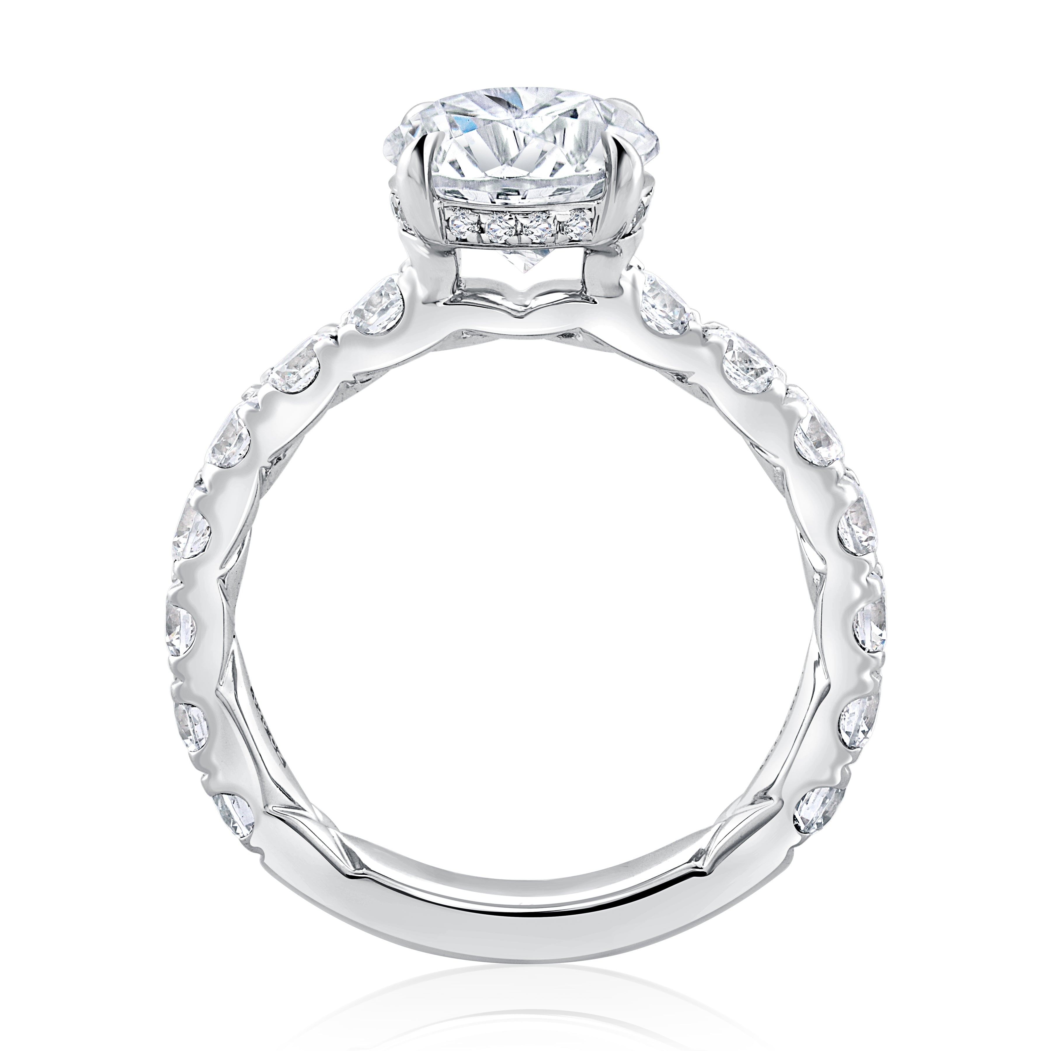 Side view of a 14K white gold engagement ring setting with a diamond band