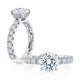 14K white gold engagement ring setting with diamonds along the band, shown standing and lying flat