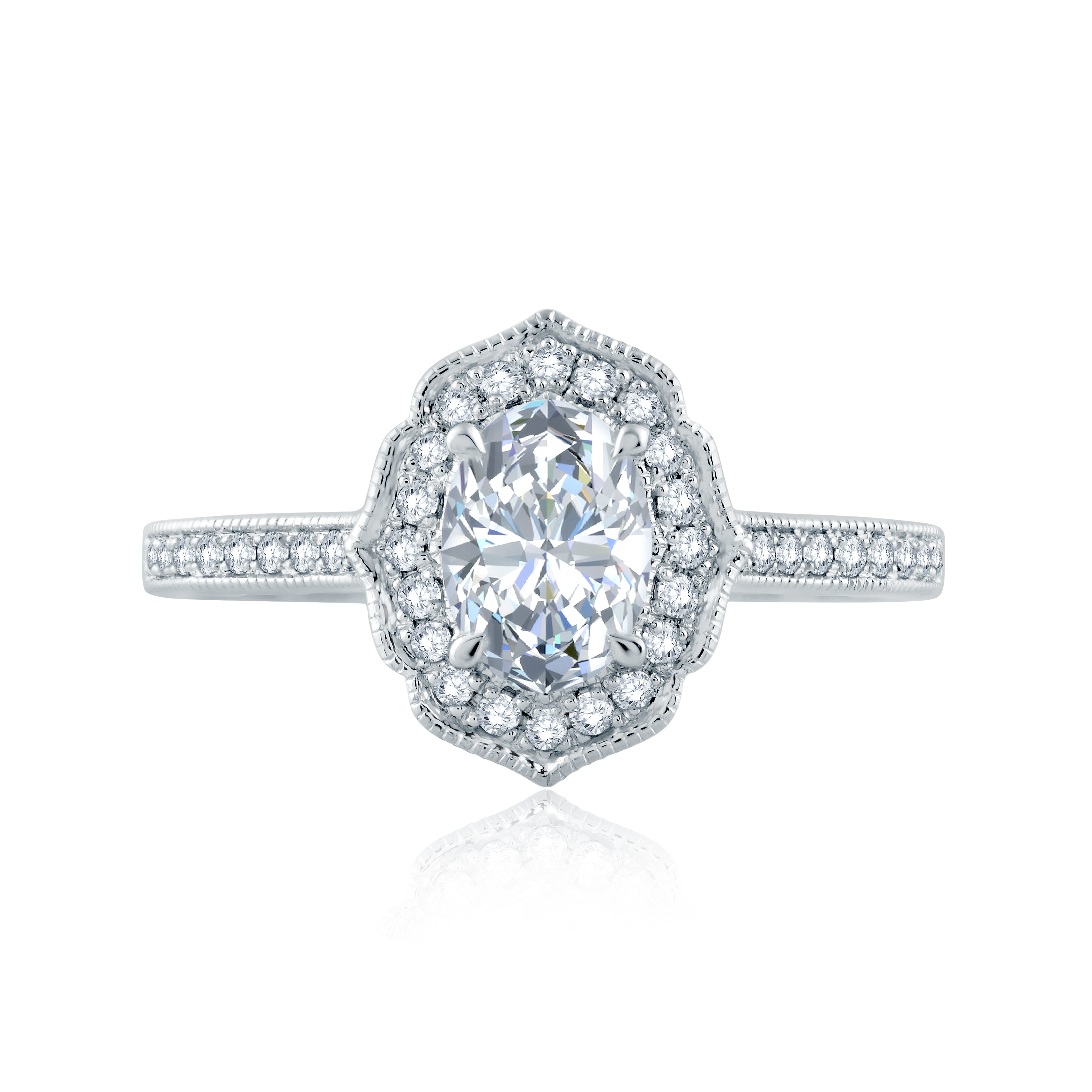 Top view of a 14K white gold oval halo engagement ring setting