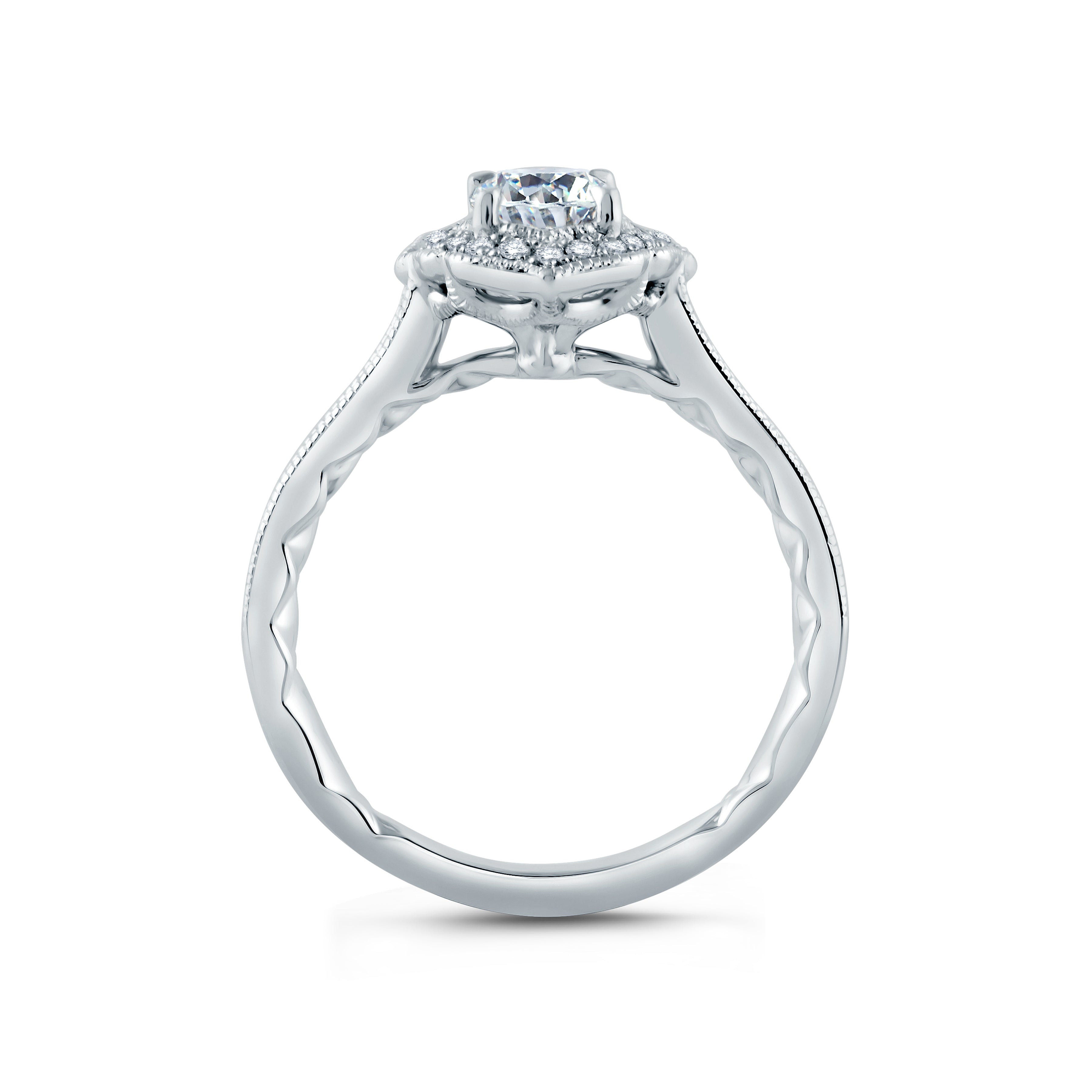 Side view of a 14K white gold oval halo engagement ring setting with a pave diamond band
