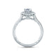Side view of a 14K white gold oval halo engagement ring setting with a pave diamond band