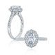 14K white gold oval halo engagement ring setting with a pave diamond band, shown standing and lying flat