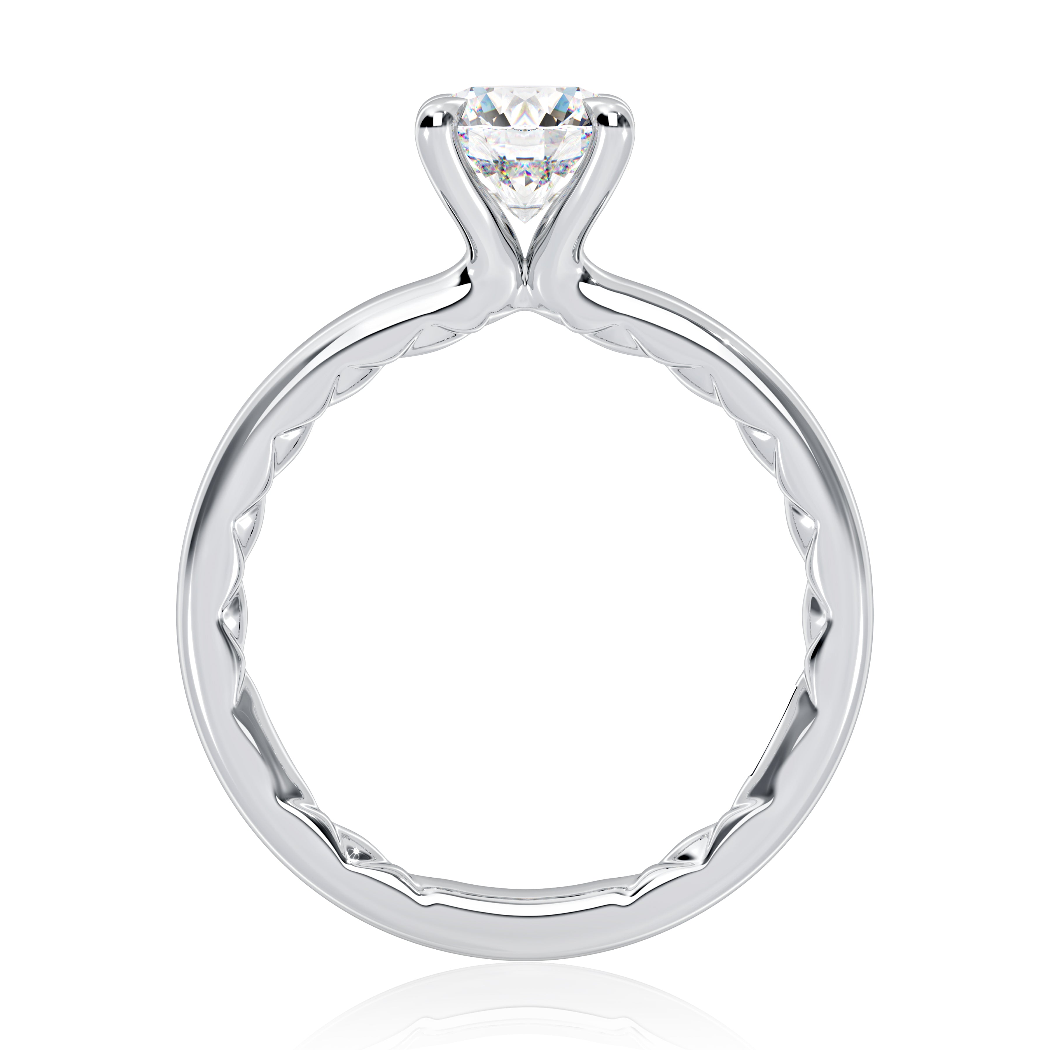 Side view of a 14K white gold four-prong solitaire engagement ring setting
