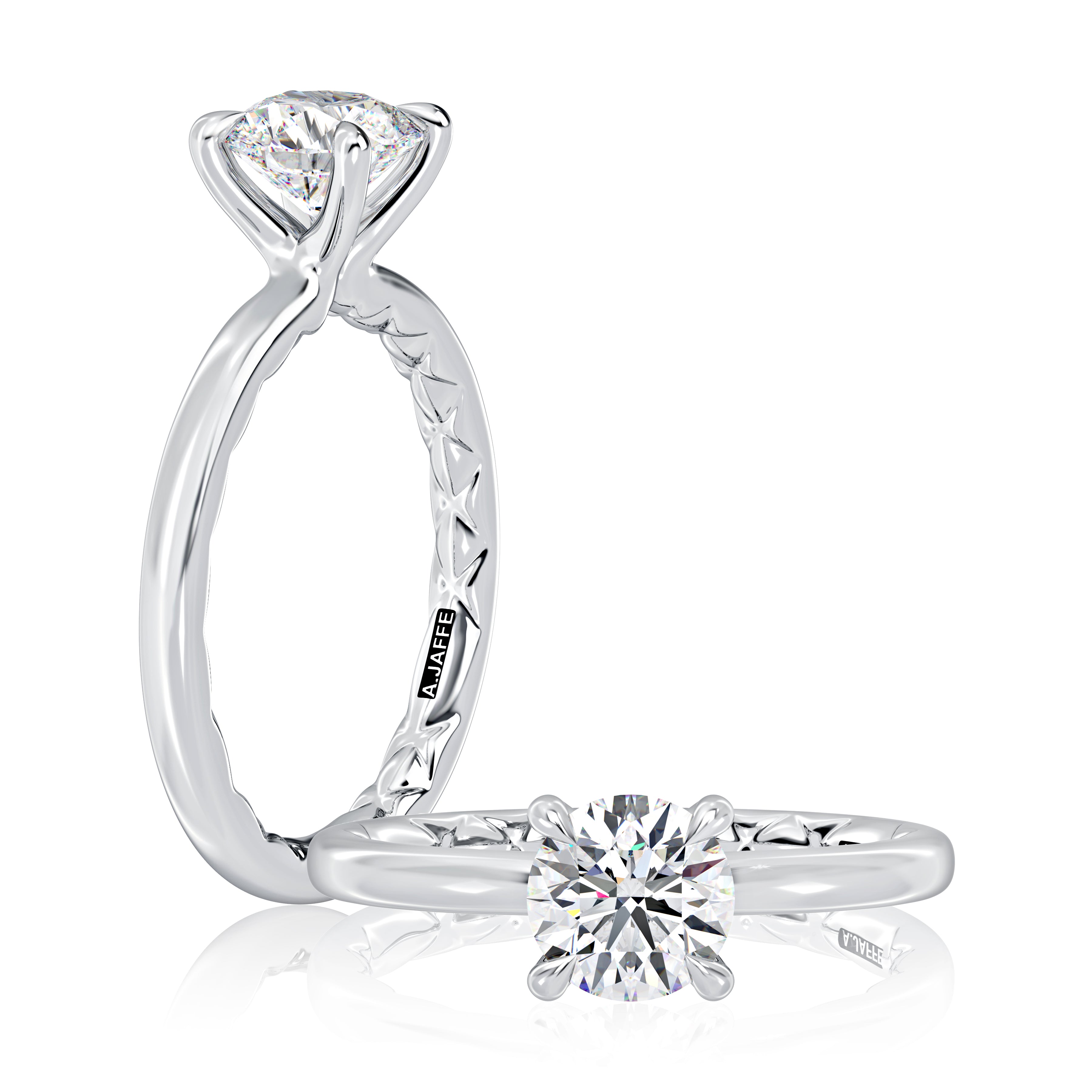14K white gold four-prong solitaire engagement ring setting with a round center diamond, shown standing and lying flat