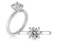 14K white gold four-prong solitaire engagement ring setting with a round center diamond, shown standing and lying flat