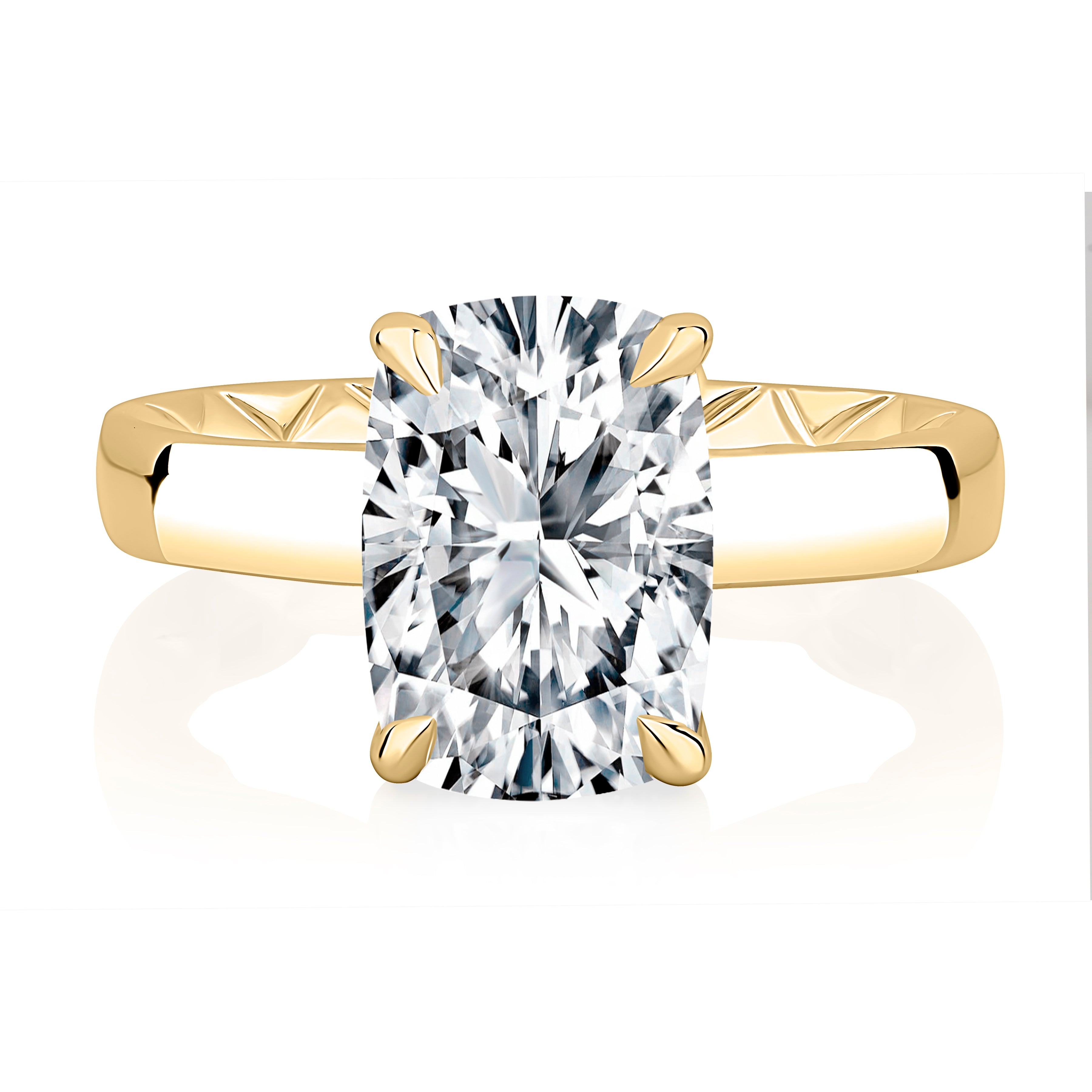 Top view of a 14K yellow gold engagement ring setting with an elongated cushion center diamond