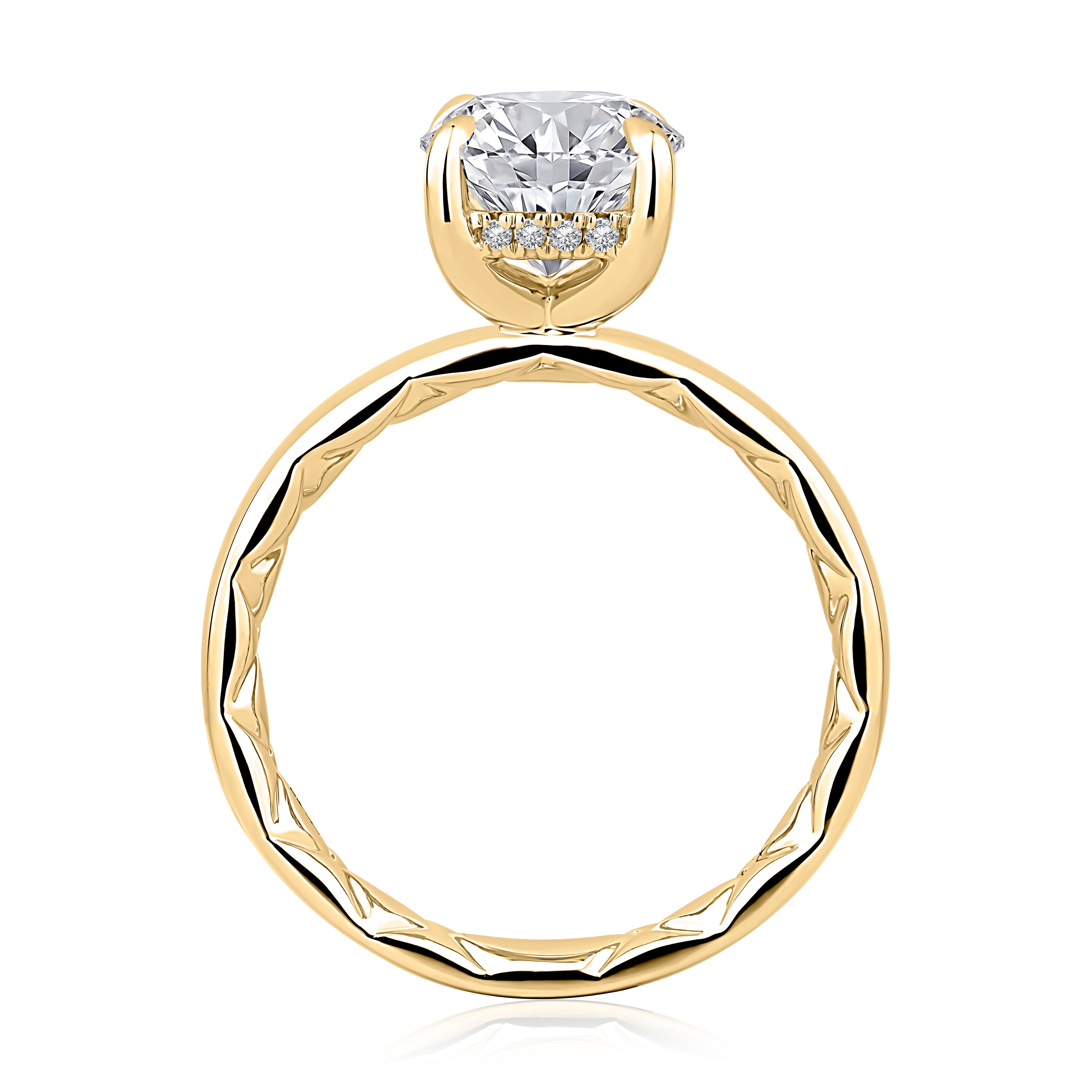 Side view of a 14K yellow gold engagement ring setting showing the hidden halo beneath the center stone